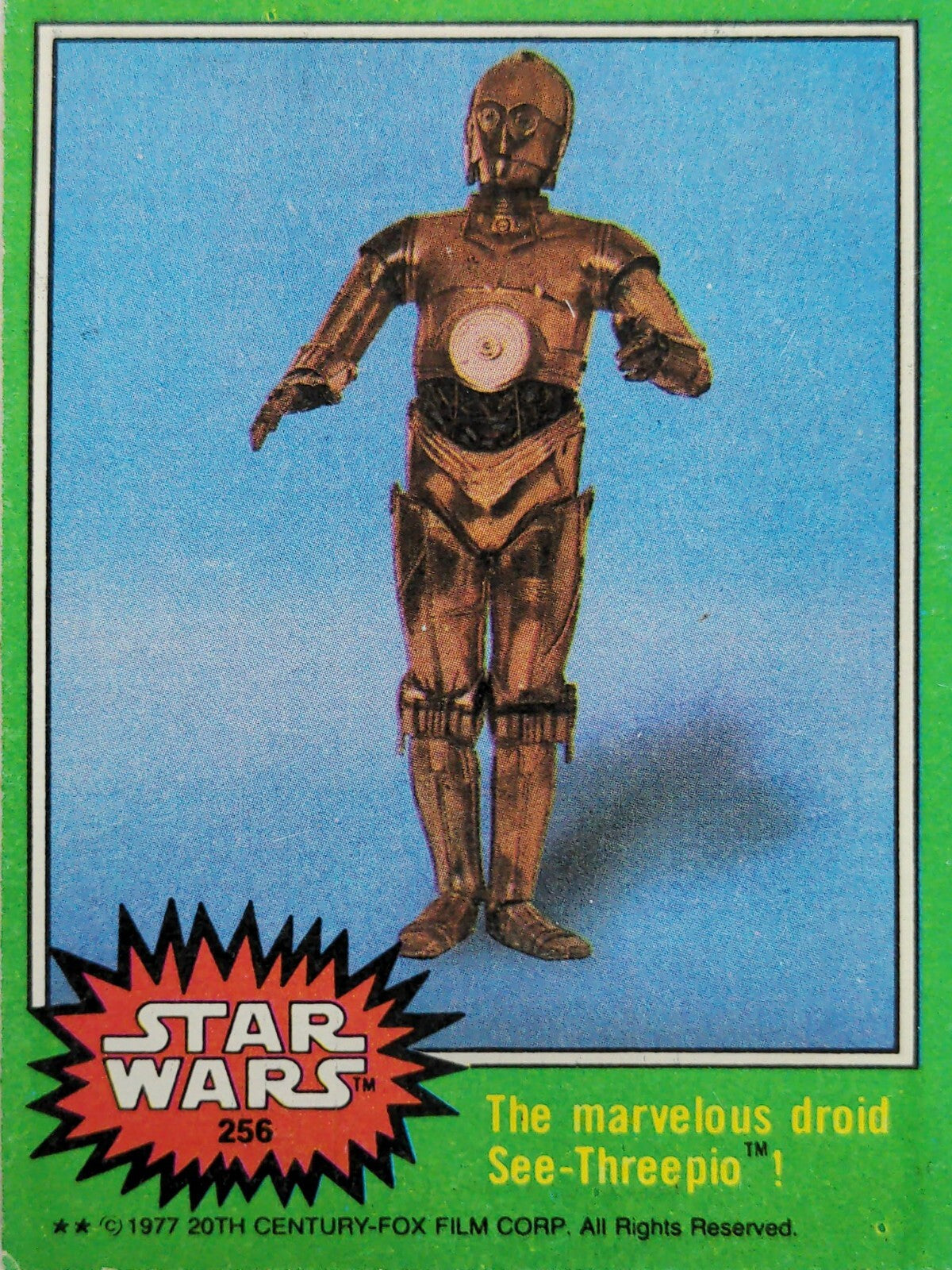 Vintage 1977 Star Wars trading card featuring C-3PO, offered by Go Figment with green Series 4 border