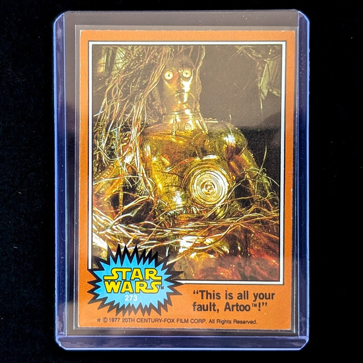 1977 Go Figment TOPPS Star Wars Orange Series 4 trading card featuring C-3PO in camouflage with quote from Artoo