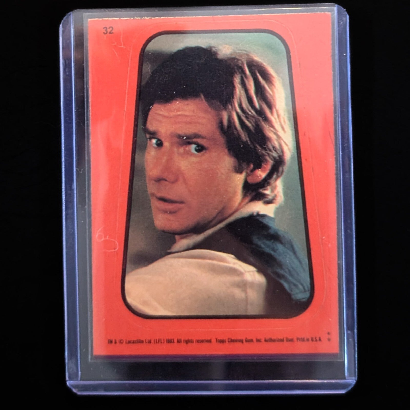 1983 Topps Return of the Jedi sticker card featuring Han Solo in protective sleeve from Go Figment