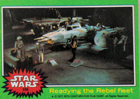 1977 Star Wars trading card showing Go Figment green series Readying the Rebel fleet with ships and figures