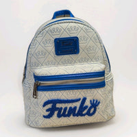Loungefly white vegan leather mini backpack with blue Funko logo and crown stitch quilted pattern front view
