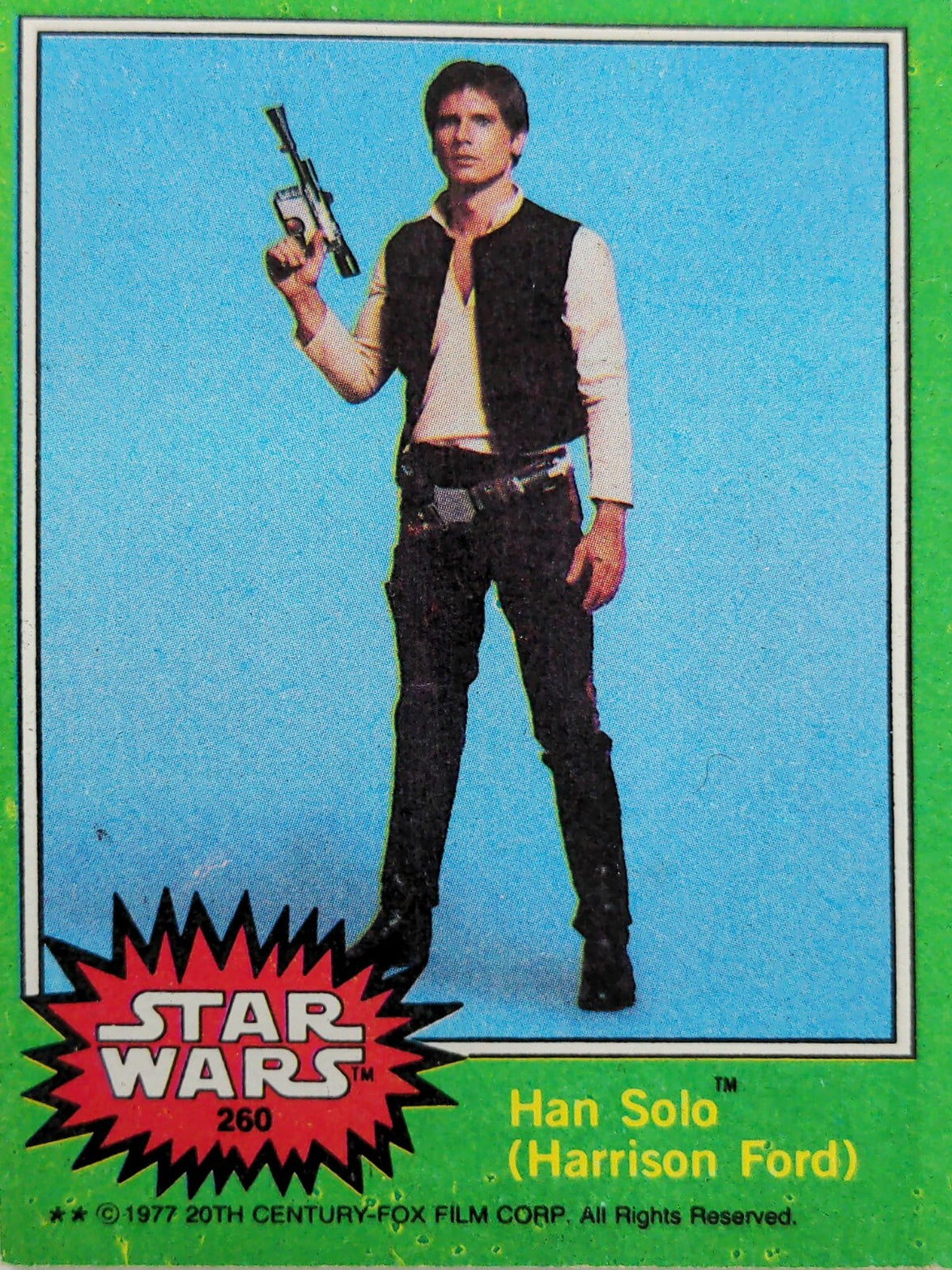 1977 Go Figment Star Wars trading card featuring Han Solo with blaster on green series 4 background