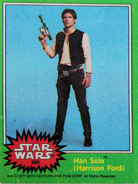 1977 Go Figment Star Wars trading card featuring Han Solo with blaster on green series 4 background