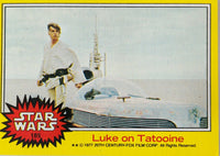 Vintage Star Wars trading card #185 featuring Luke Skywalker on Tatooine with landspeeder and desert background