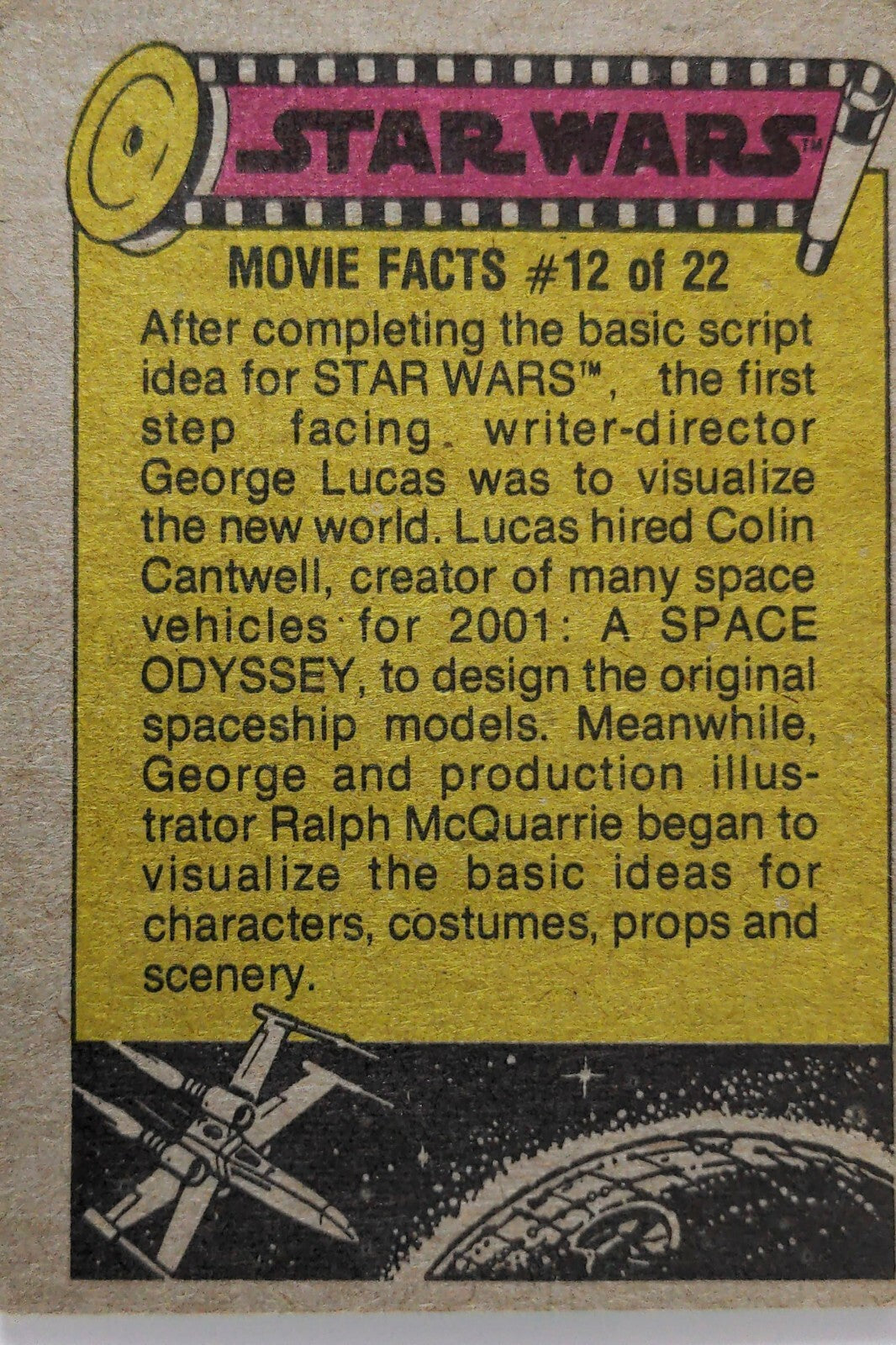 Vintage 1977 Go Figment Star Wars trading card with movie facts and original spaceship designs from George Lucas and collaborators