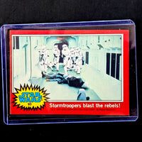 1977 Go Figment Star Wars trading card featuring Stormtroopers attacking rebels in classic scene from Star Wars film