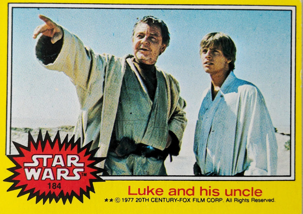 Vintage Star Wars trading card featuring Luke Skywalker and his uncle with yellow border and logo