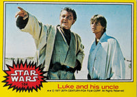 Vintage Star Wars trading card featuring Luke Skywalker and his uncle with yellow border and logo