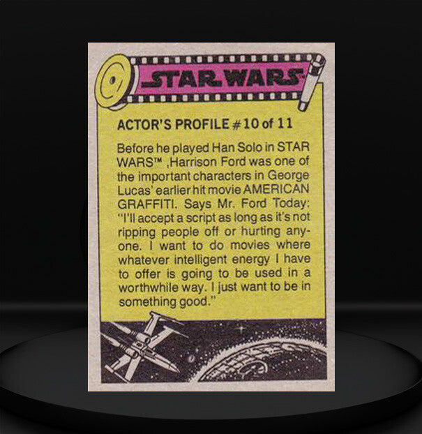 1977 Go Figment Star Wars trading card featuring Harrison Ford actor profile with vintage sci-fi design