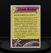 1977 Go Figment Star Wars trading card featuring Harrison Ford actor profile with vintage sci-fi design