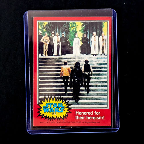 1977 Go Figment Star Wars trading card with characters ascending stairs honoring their heroism in red border series
