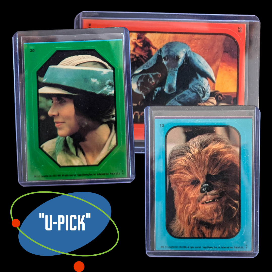 1983 Return of the Jedi Topps stickers by Go Figment featuring Star Wars characters in protective sleeves