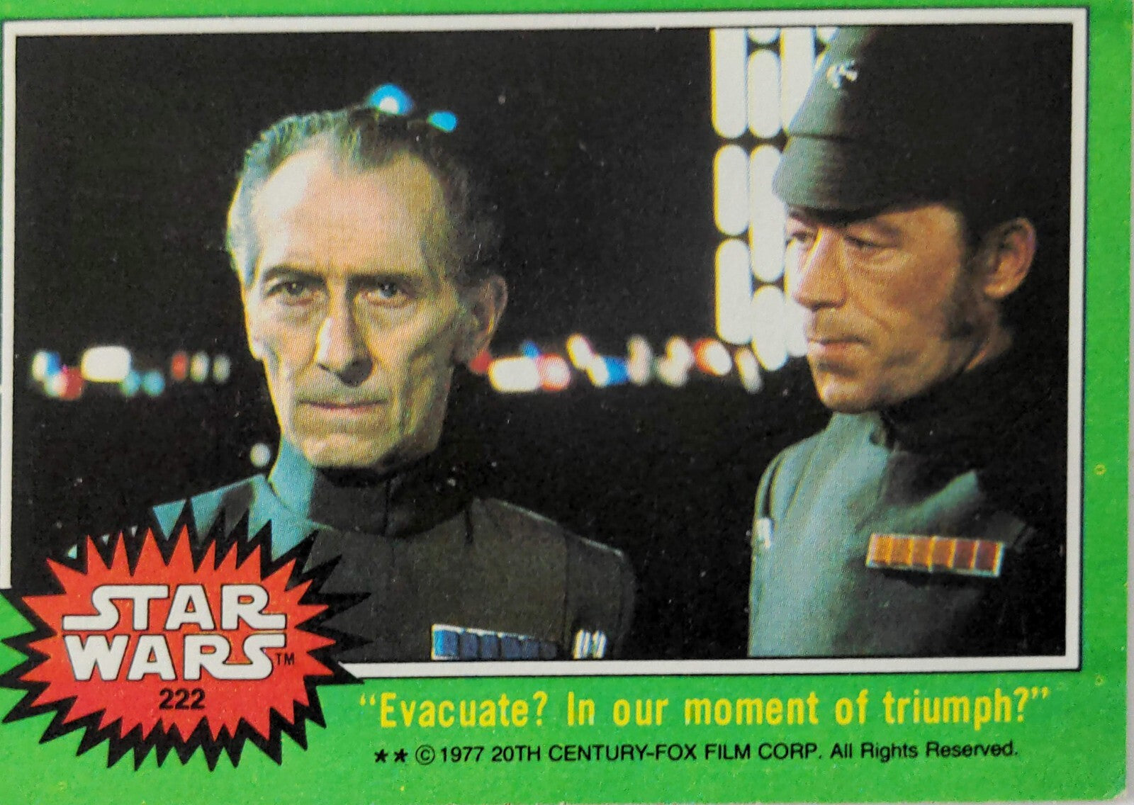 1977 Topps Star Wars trading card featuring two Imperial officers, vintage Go Figment collectible green series four design
