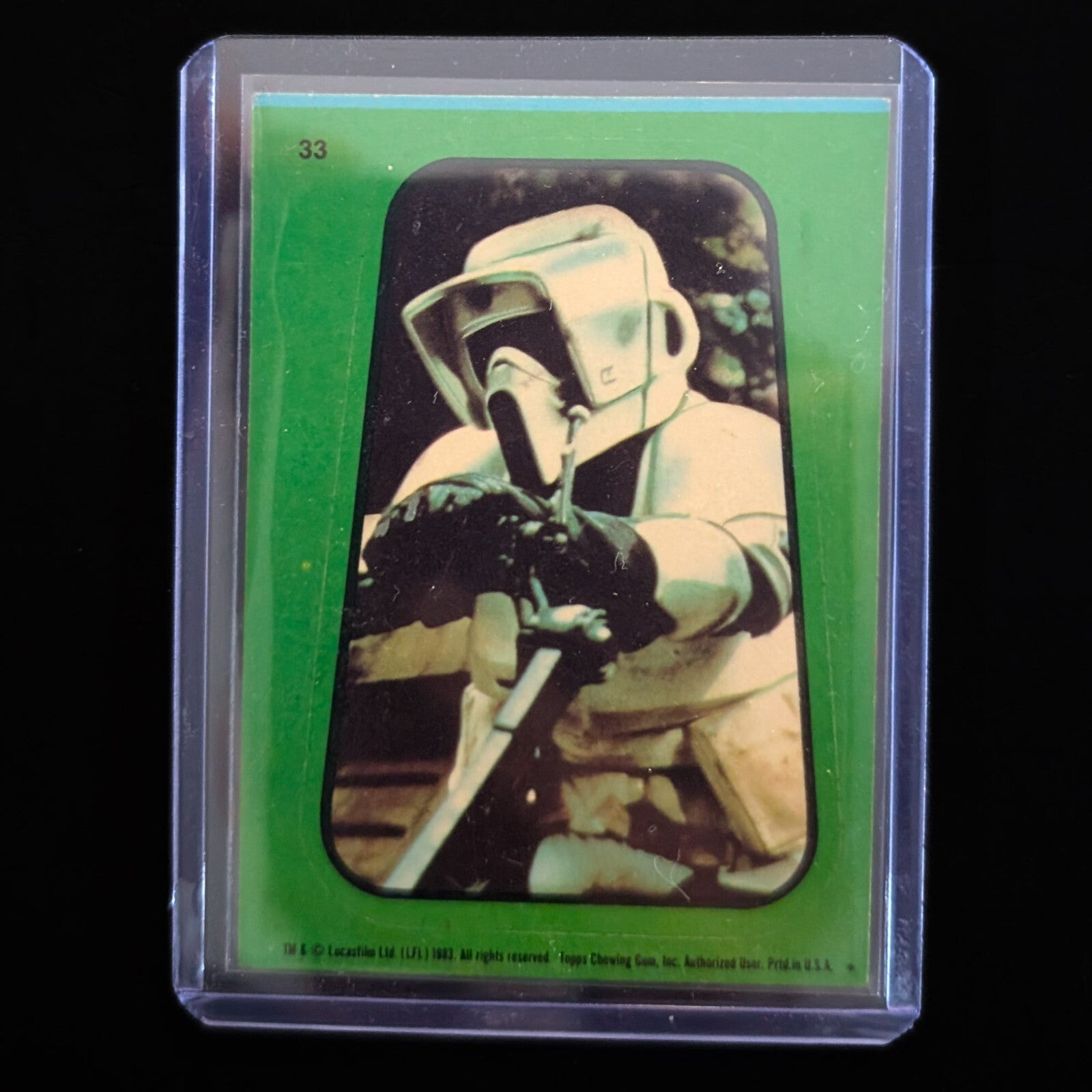 1983 Topps Return of the Jedi sticker card featuring scout trooper with rifle, vintage collectible from Go Figment