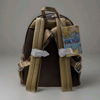 Back of Loungefly mini backpack with adjustable tan straps and One Piece map design tag on brown faux leather