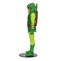 Green Arrow 7-inch poseable action figure in green hooded costume with quiver and bow by McFarlane Toys side view