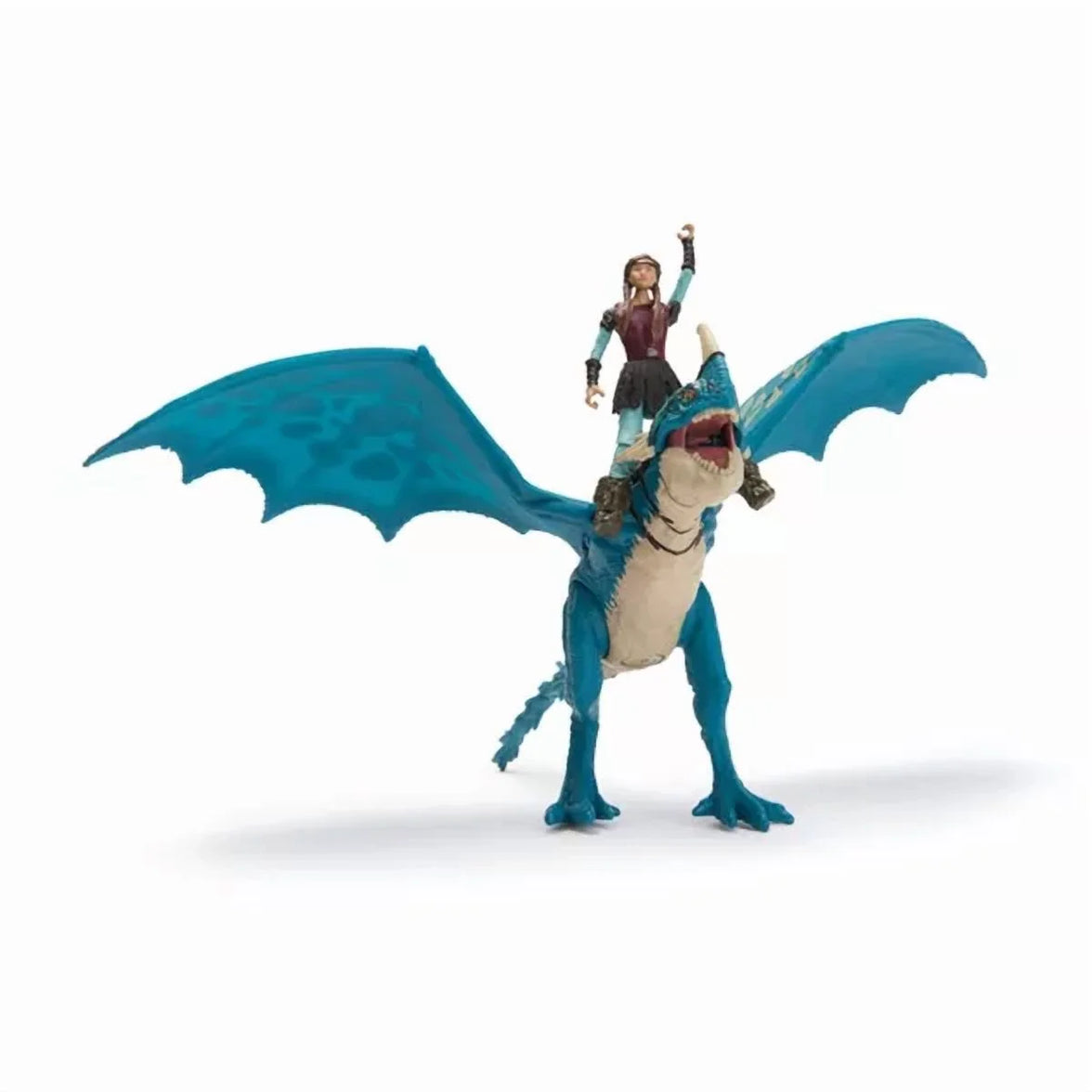 Spin Master How to Train Your Dragon Astrid figure riding Stormfly dragon with detailed wings and poseable limbs.