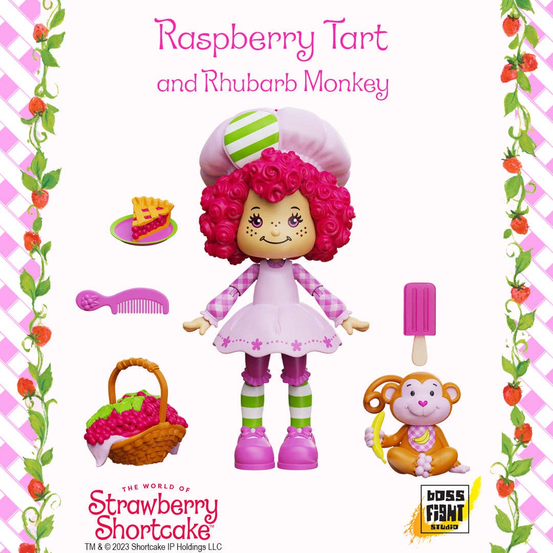 Boss Fight Studio Llc Raspberry Tart figure with curly pink hair, striped tights, hat, basket, pie slice, comb, popsicle, and monkey accessory