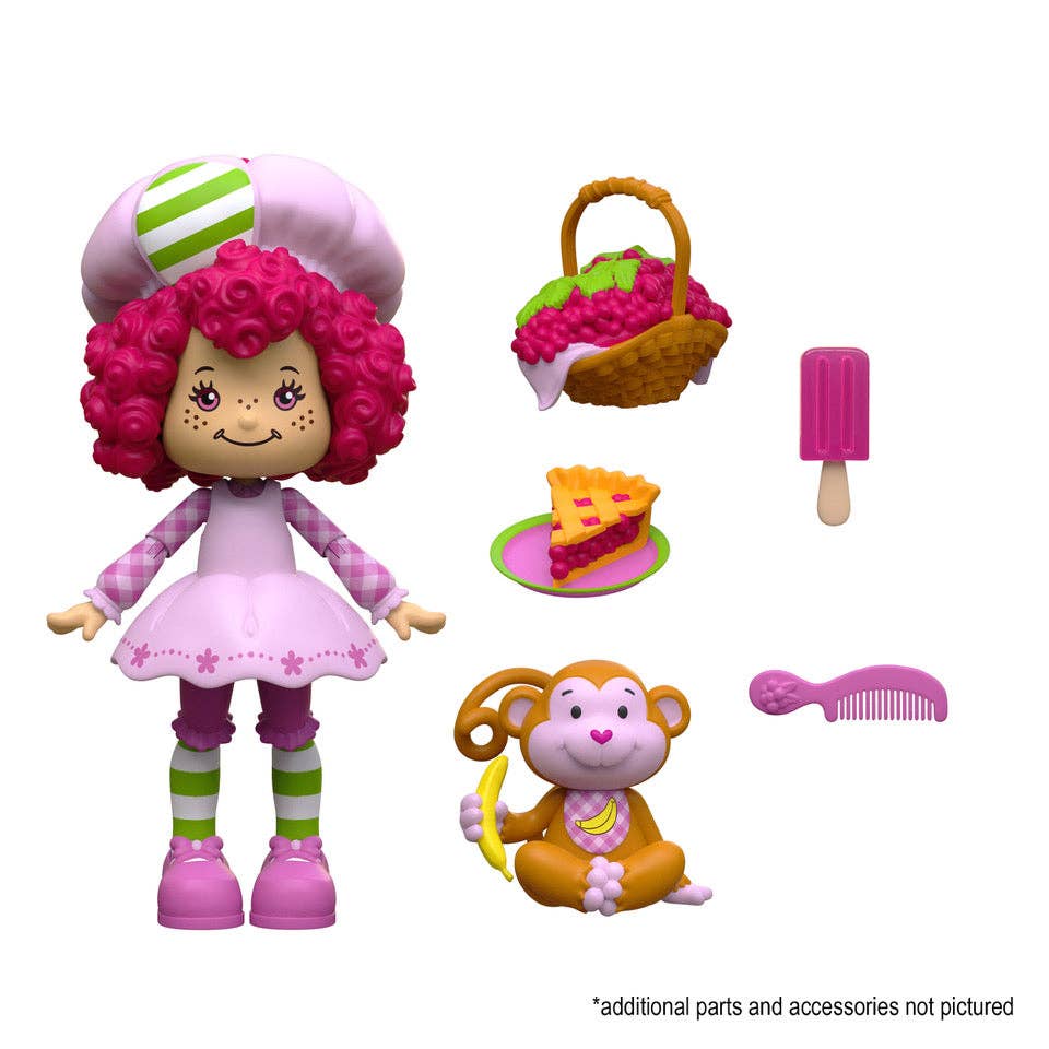 Boss Fight Studio Llc Raspberry Tart figure with curly pink hair, pink outfit, basket, pie slice, popsicle, comb, and monkey accessory
