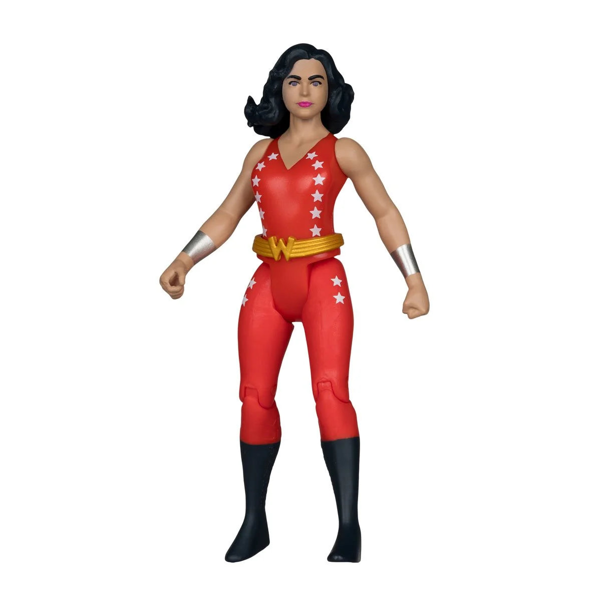 Wonder Woman action figure wearing a red costume with white stars, gold belt, silver cuffs, and black boots