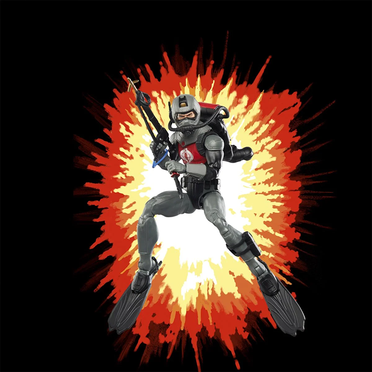 G.I. Joe Classified Series Cobra Eel 6-inch action figure by Hasbro with scuba gear and combat rifle against explosion background