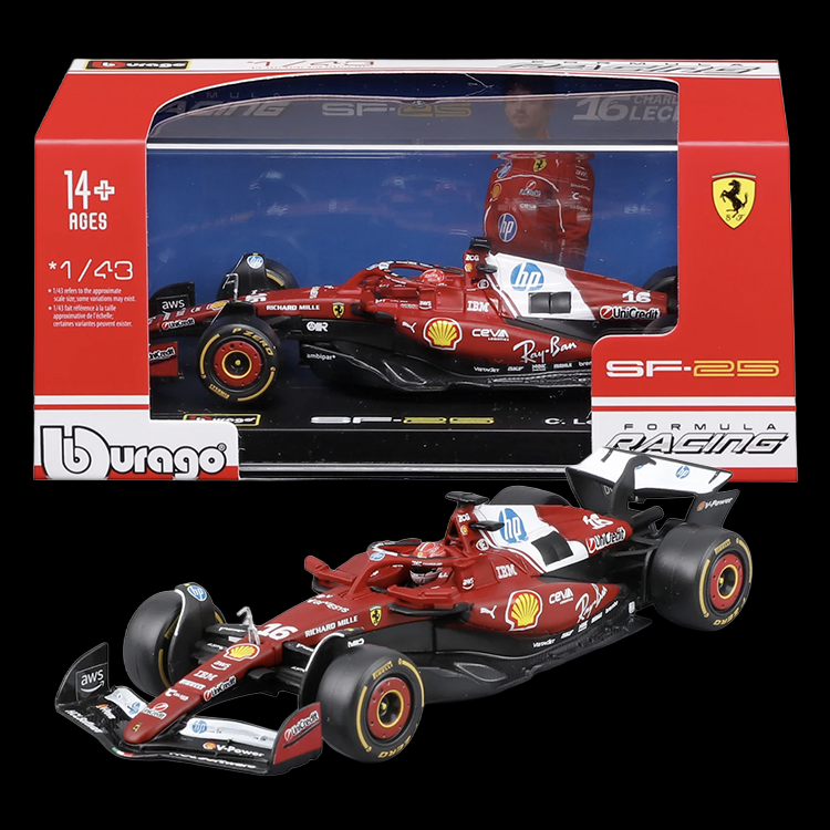 Bburago 1:43 scale Ferrari SF-25 Formula 1 diecast car with detailed decals and display box for ages 14 and up