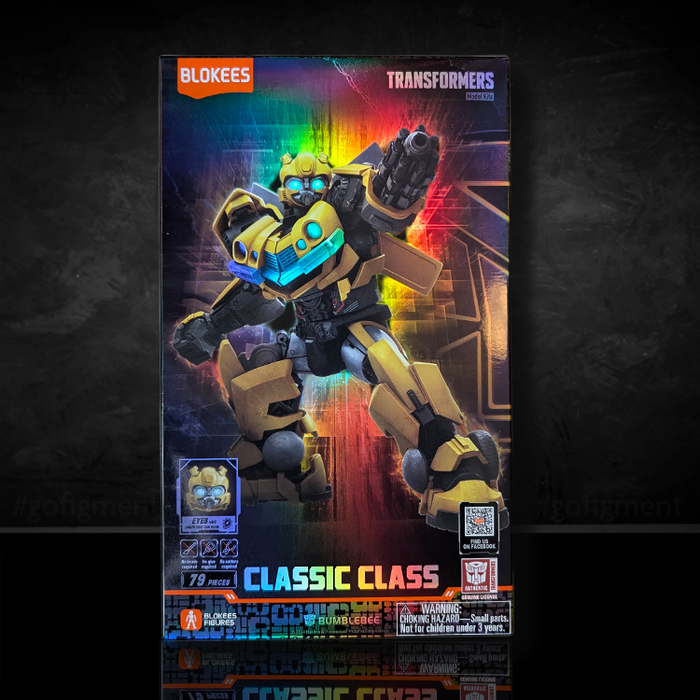 Hasbro Transformers Classic Class Bumblebee Blokees model kit box with robot figure on colorful holographic background