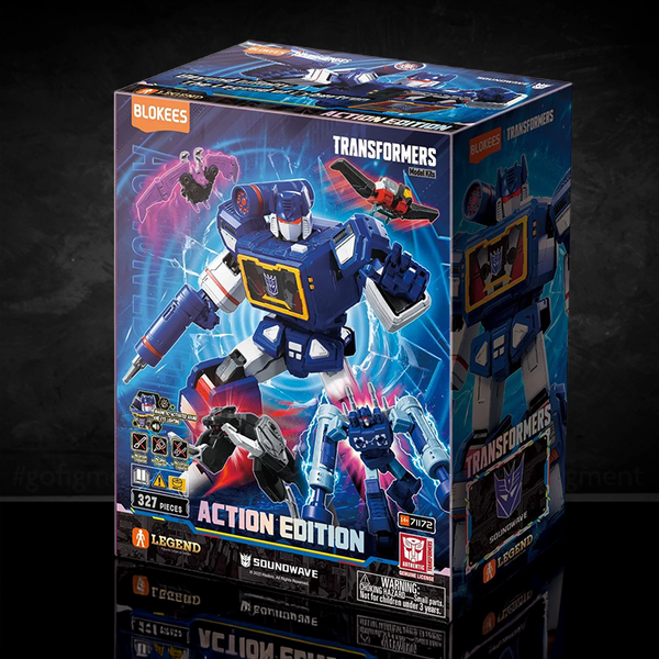 Blokees Transformers Action Edition G1 Soundwave model kit box featuring robot and accessories with 327 pieces visible