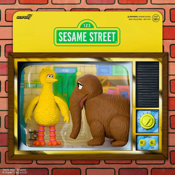 Super7 Sesame Street Big Bird and Snuffleupagus 1:18 scale action figures in retro TV style packaging