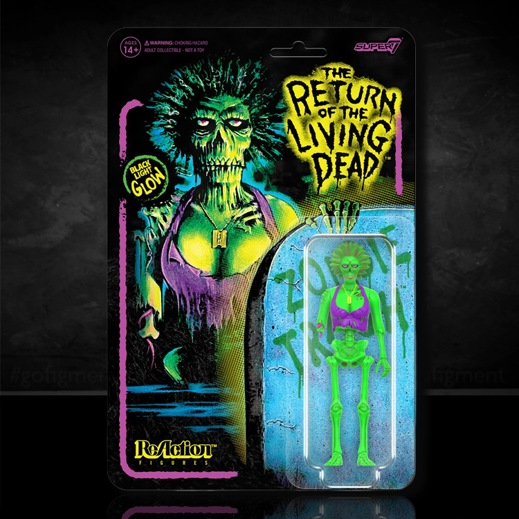 Super7 Return of the Living Dead Female Blacklight Zombie action figure in blister card packaging with glowing artwork