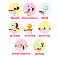 K-Wonderland Peanuts Snoopy blind box figures in various cup perch poses including heart, hat, flying ace, and fishing designs