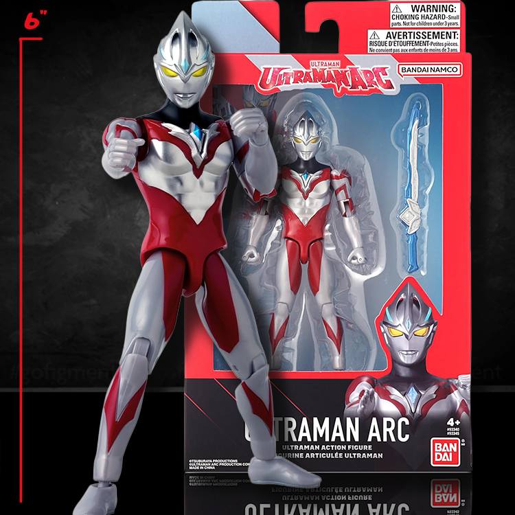 Bandai Ultraman ARC 6-inch action figure posed with sword accessory in branded red and blue packaging box