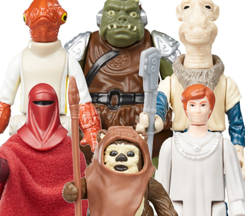 Kenner Star Wars vintage action figures including Emperor's Royal Guard, Ewok, and other characters from Return of the Jedi
