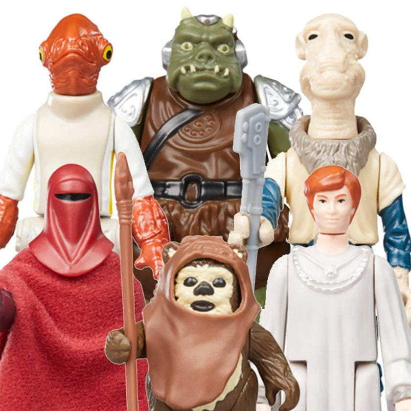 Kenner Star Wars vintage action figures including Emperor's Royal Guard, Ewok, and other characters from Return of the Jedi