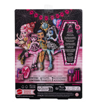 Back packaging of Monster High doll set featuring four characters, party decorations, and gift accessories by Mattel
