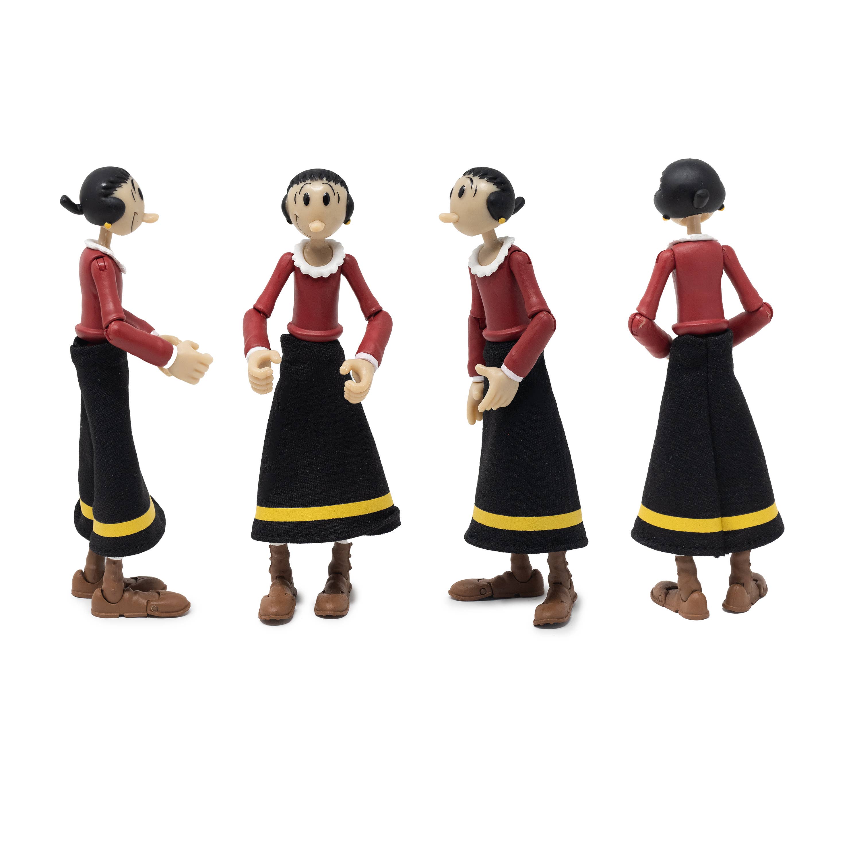 Boss Fight Studio Llc Olive Oyl figure in red top and black skirt with yellow stripe shown from four angles on white background