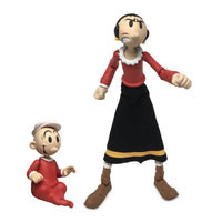 Boss Fight Studio Llc 1:12 scale Olive Oyl figure in red top and black skirt with yellow stripe posed with Sweat Pea figure