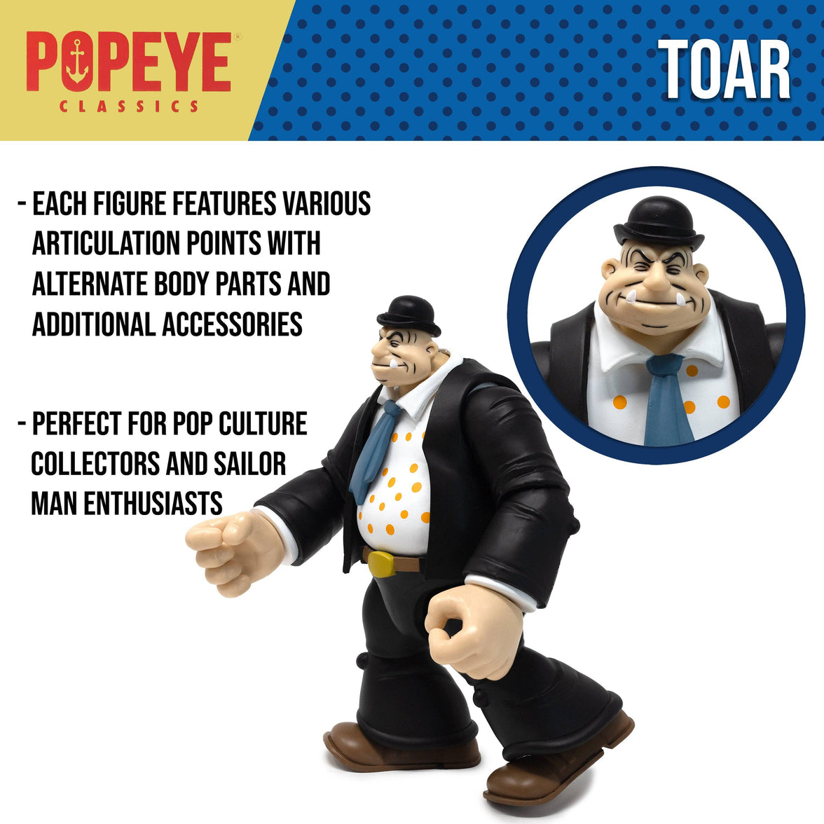 Boss Fight Studio Llc Toar figure wearing black suit and blue tie with bowler hat and detailed facial expression