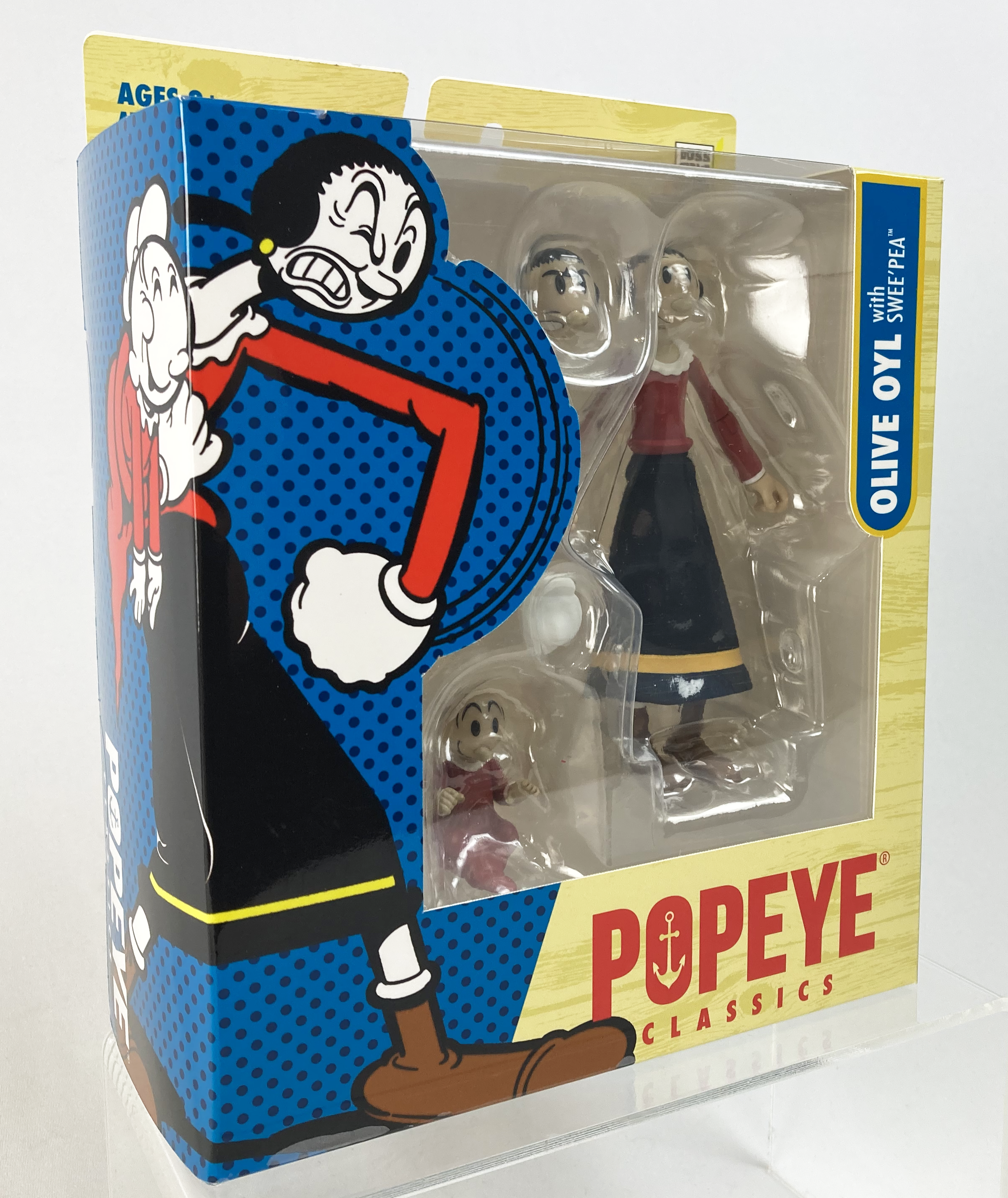 Boss Fight Studio Llc Popeye Classics Olive Oyl figure in red top and black skirt with small Sweat Pea figure in packaging