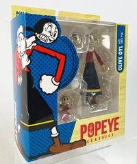 Boss Fight Studio Llc Popeye Classics Olive Oyl figure in red top and black skirt with small Sweat Pea figure in packaging