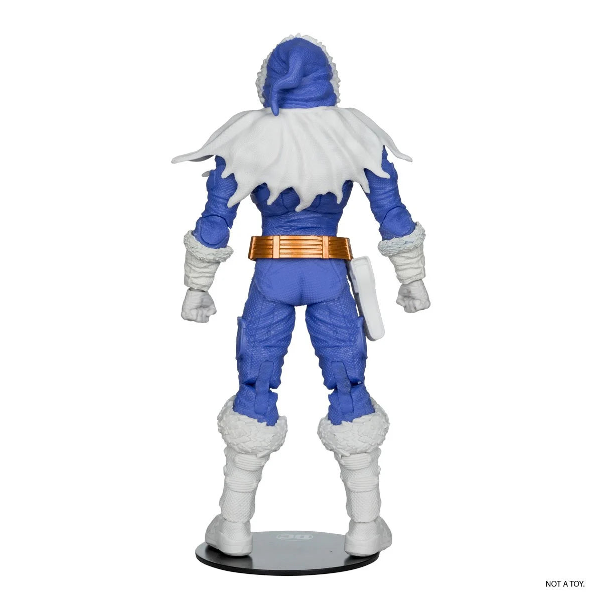 Captain Cold variant 7-inch action figure by McFarlane showing blue and white costume back view on display stand