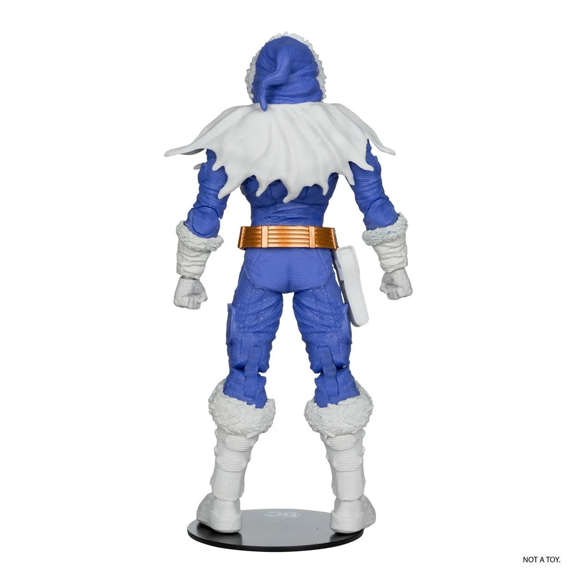 Captain Cold variant 7-inch action figure by McFarlane showing blue and white costume back view on display stand