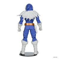 Captain Cold variant 7-inch action figure by McFarlane showing blue and white costume back view on display stand
