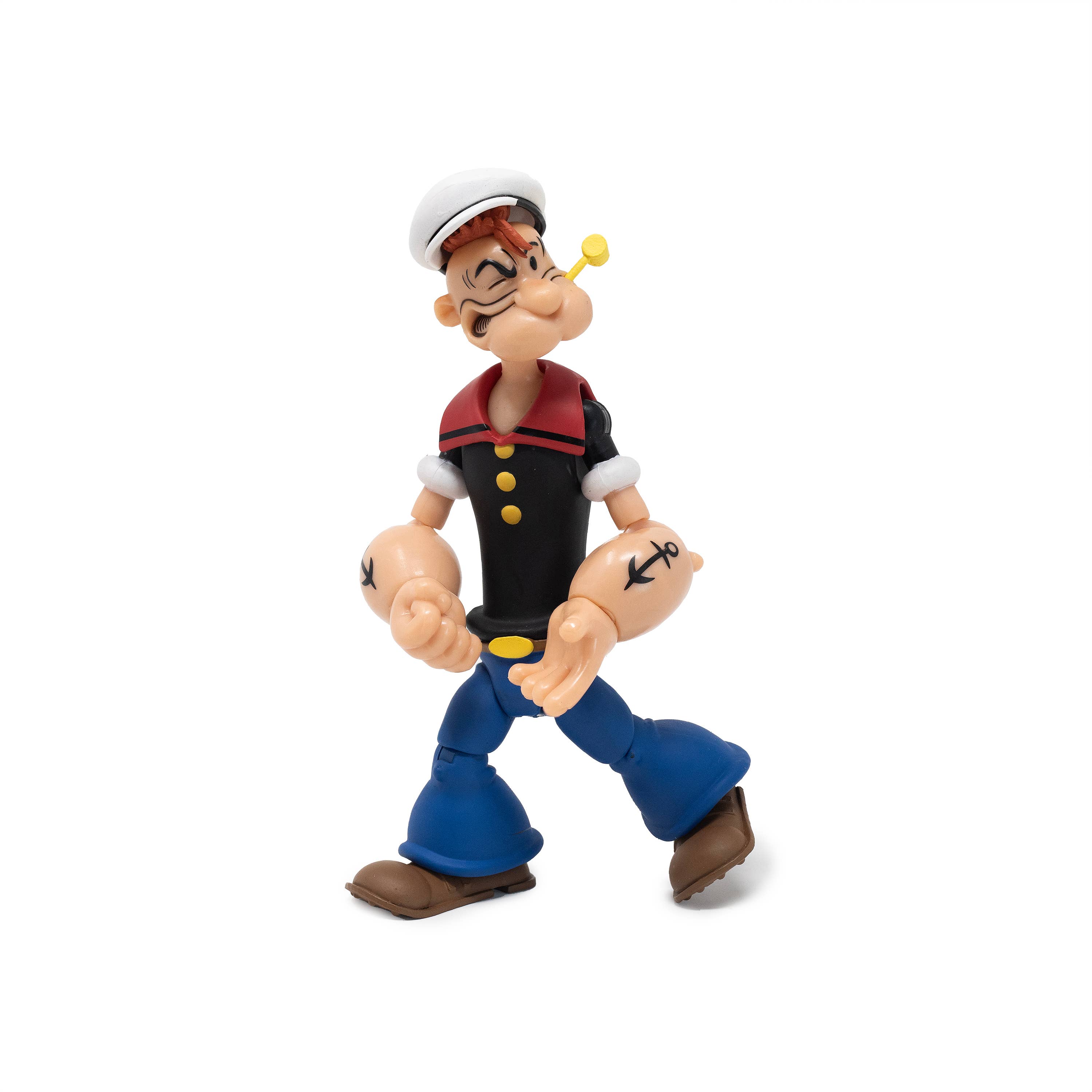 Boss Fight Studio Llc Popeye Classics figure in black sailor top with red collar, blue pants, anchor tattoos, and pipe in mouth walking pose