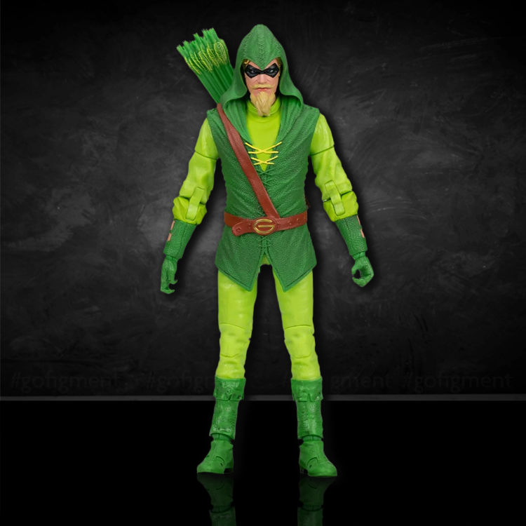 McFarlane Green Arrow action figure in green hooded outfit with quiver and longbow on dark textured background