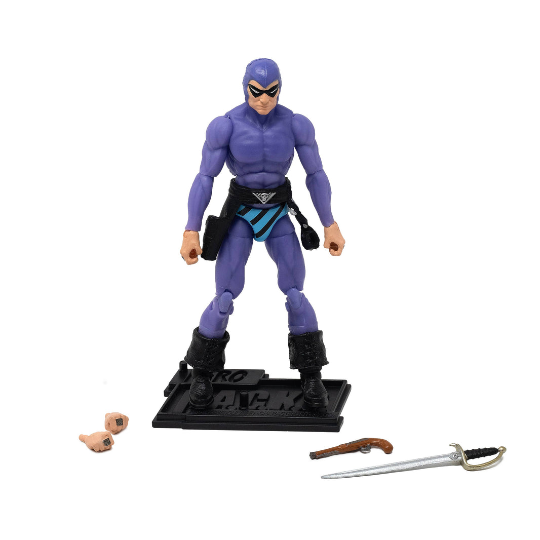 Boss Fight Studio Llc 5-inch Phantom Hero figure in purple suit with sword, pistol, alternate hands, and display stand on white background