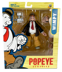 Boss Fight Studio Llc J. Wellington Wimpy figure in black jacket, red tie, brown pants, with extra heads and hamburger accessory in packaging
