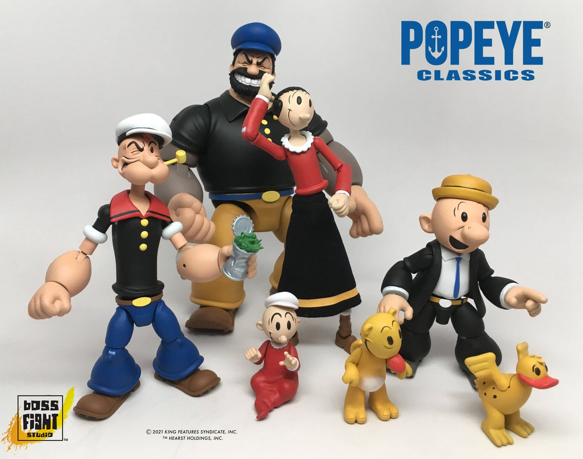 Boss Fight Studio Llc Popeye Classics figures including Popeye, Olive Oyl, Bluto, Wimpy, and pets in varied poses and outfits