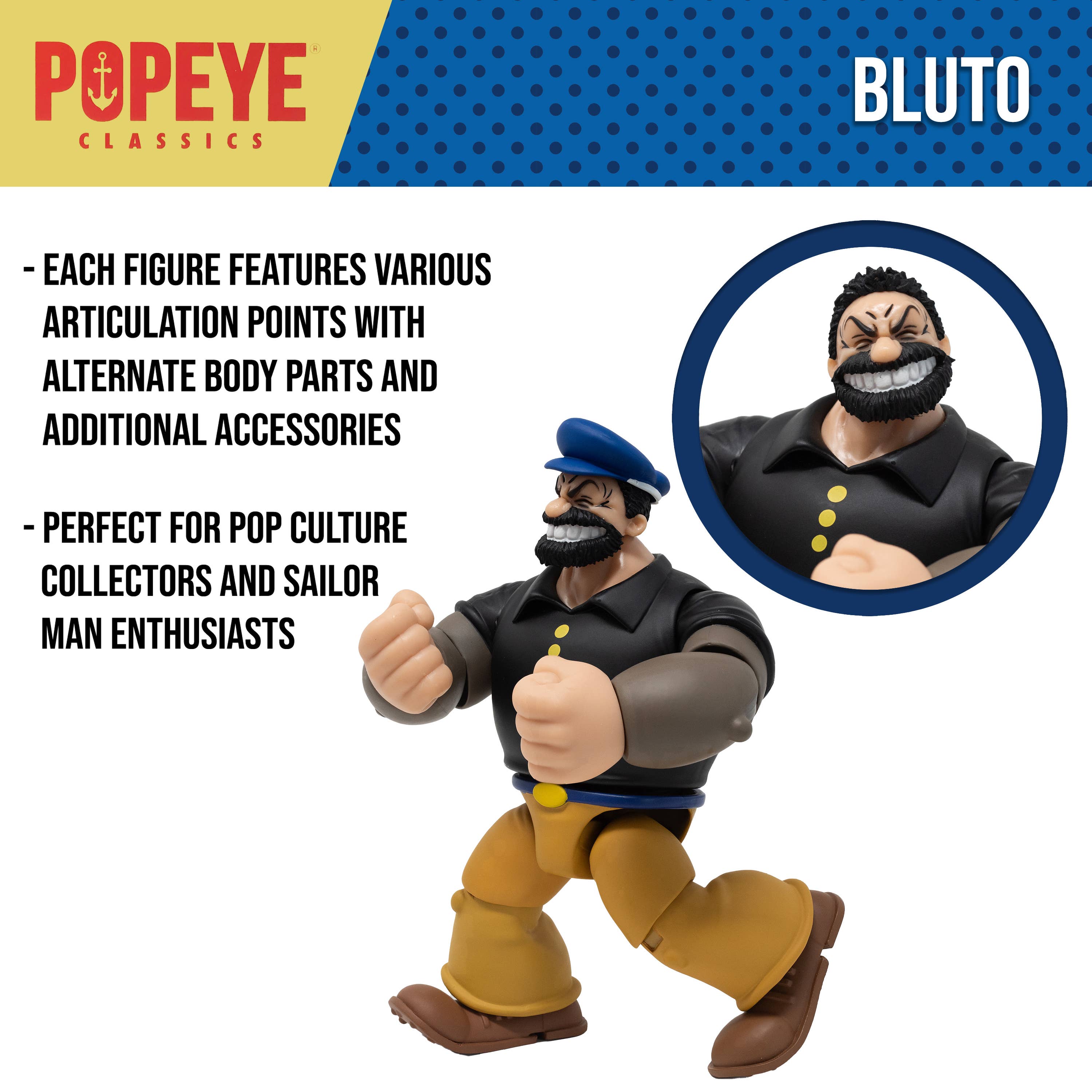 Boss Fight Studio Llc Bluto Popeye Classics figure in blue hat, black shirt, and brown pants with clenched fists on white background