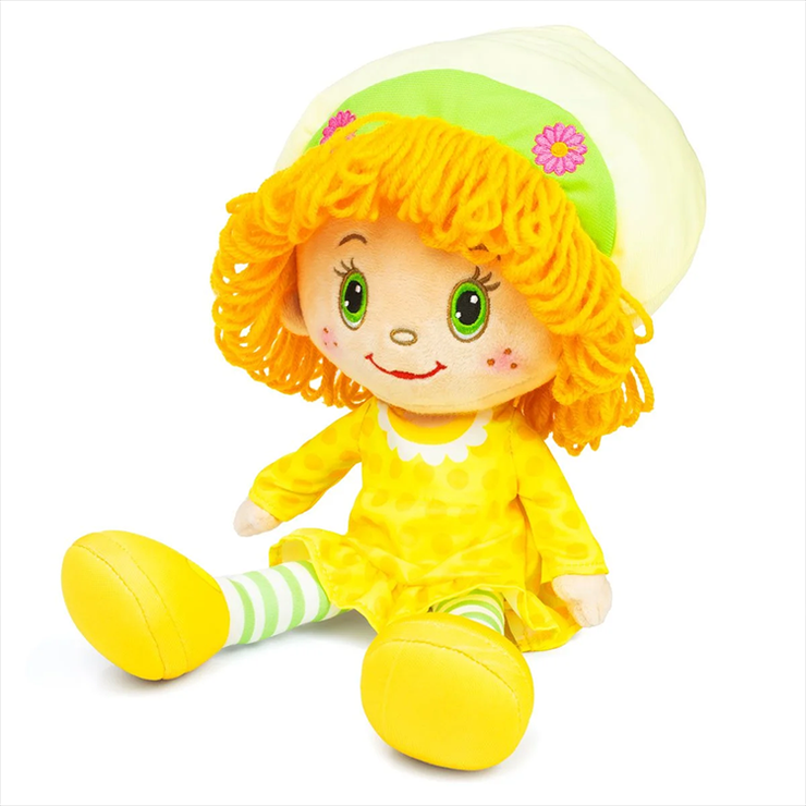 Strawberry Shortcake Lemon Meringue rag doll with yellow dress and orange yarn hair by Loyal Subjects